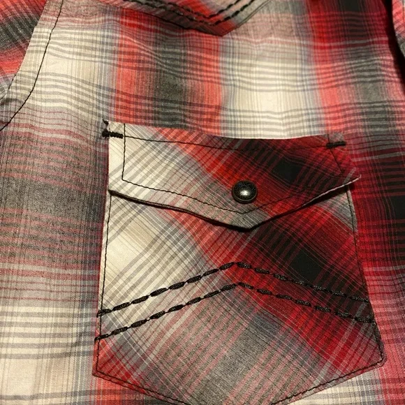 NWT Cody James Boys Size Medium Red Black White Plaid Pearl Snap Western Shirt - Picture 3 of 8